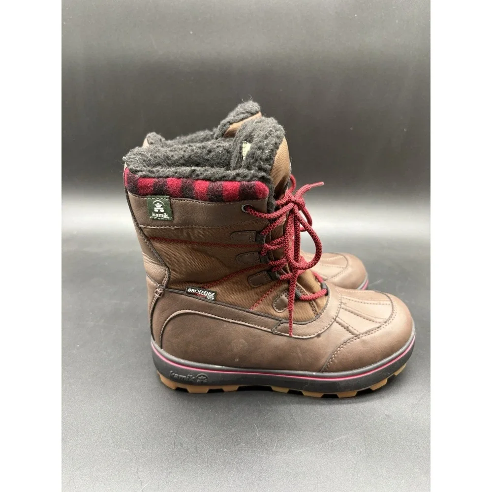 Kamik Sesame Kids Waterproof Snow Boots Youth Size 3 Brown Plaid Fur